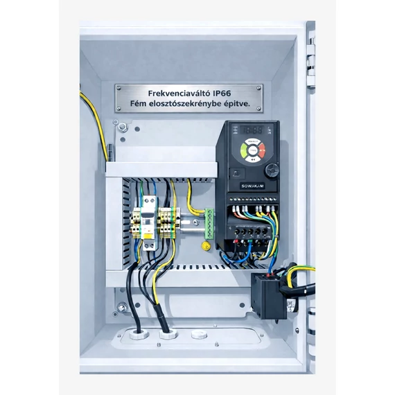 Frekvenciaváltó fém kapcsoló szekrénybe építve IP66, 400 x 300 x 200 mm ( 230V/2,2kW-ig, 400 V/4kW-ig), előlapra szerelt kapcsolókkal, visszajelző lámpákkal és potenciométerrel